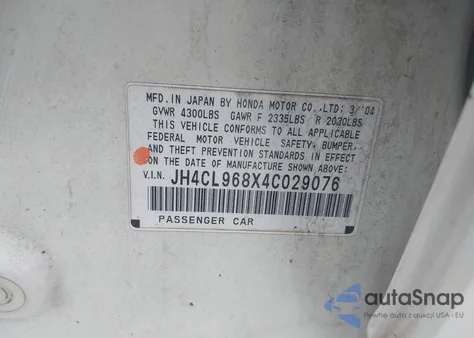 2004 Acura Tsx z USA, uszkodzony, nr VIN JH4CL968X4C029076